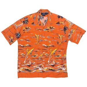 VTG Polo Sport Ralph Lauren Hawaiian Marlin Fishing Print Shirt Sz L TALL Orange